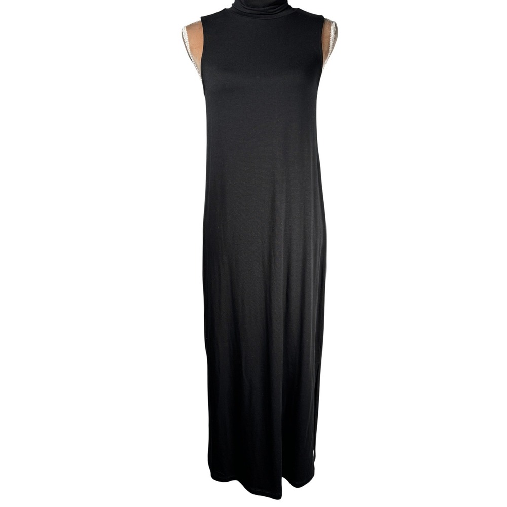 Garnet Hill Sleeveless Maxi Dress Mock Neck Black Minimalist Stretch Sz XS - Picture 2 of 14
